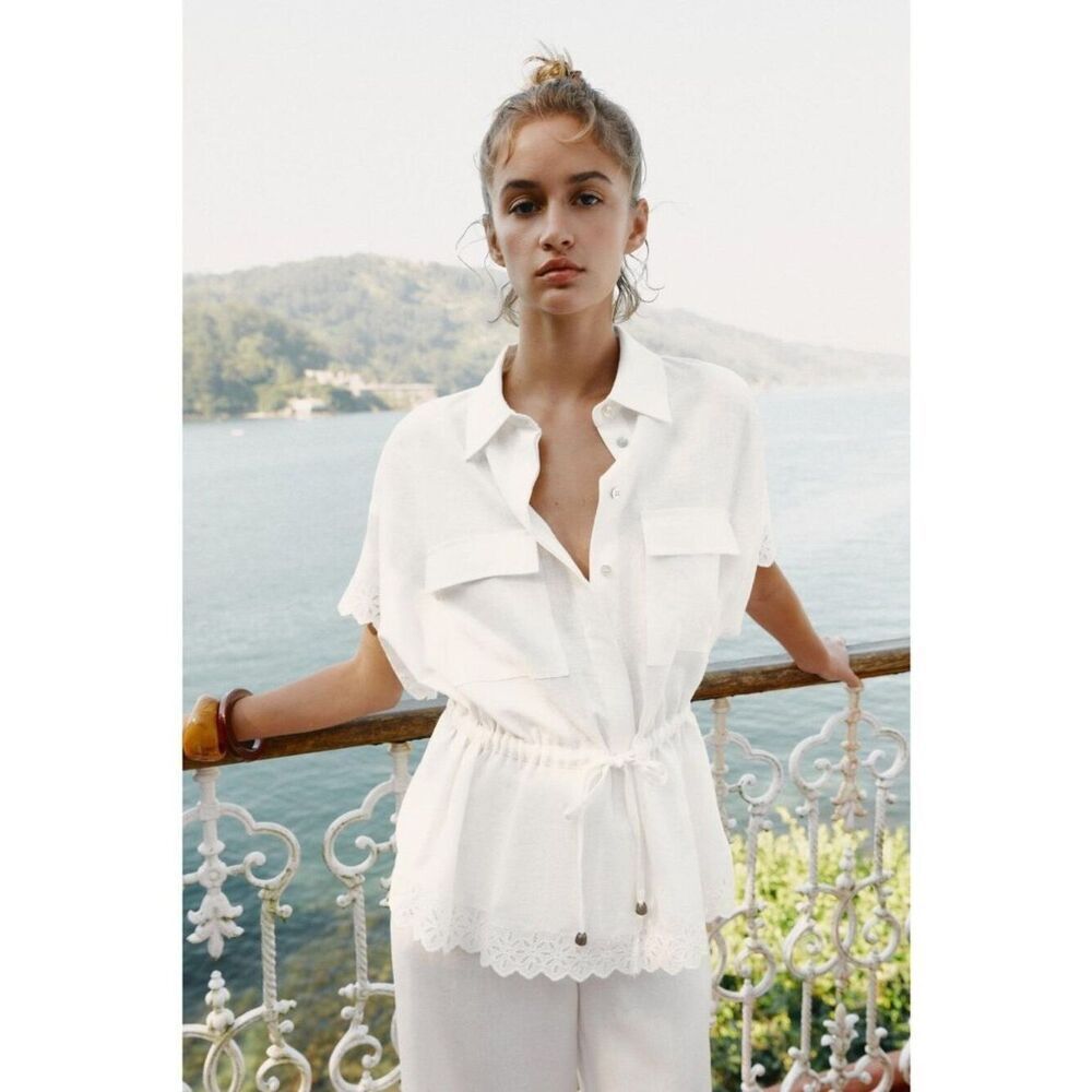 Zara Womens Blouse shirt Top Size S White Drawstring Button Up 8110/393 NWT